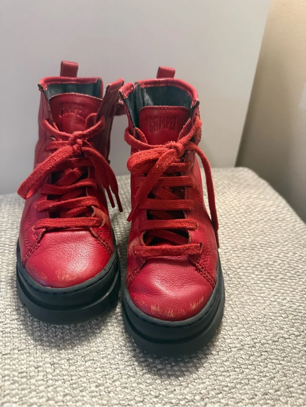 Camper-Brutus Kids Red Leather Lace-Up Platform Combat Boots